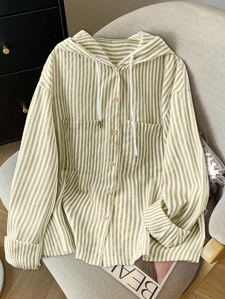 GlowEve CURVE 大码女式优雅条纹衬衫裙，轻盈宽松连帽卫衣，适合夏秋穿着 - 黃色 - 查看 1