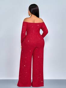 SOLERSUN Women's Fashionable Elegant V-Neck Off Shoulder Long Sleeve Party Night Club Sparkly Fabrics Jumpsuits, Suitable For Christmas Party Valentine's Day Dating,Fall,Winter,Sexy,Party,Elegant,Chinese Red,2026,New Year - Red - View 6
