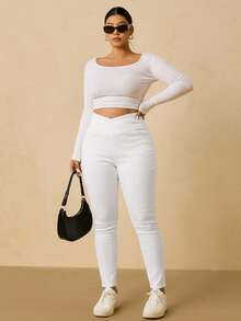 SHEIN Tall CURVE Plus Size Casual Daily Solid Color V-Waist Slant Pocket Skinny Jeans - White - View 5