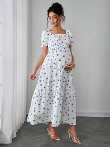 Momance 荷叶边装饰哺乳连衣裙，短袖方领，双层设计，褶皱下摆，多层蛋糕裙，数码印花连衣裙 - 藍白色 - 查看 6