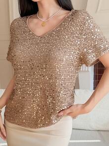 DAZY Women's Casual Sequin Embellished T-Shirt, Summer - Khaki - View 3