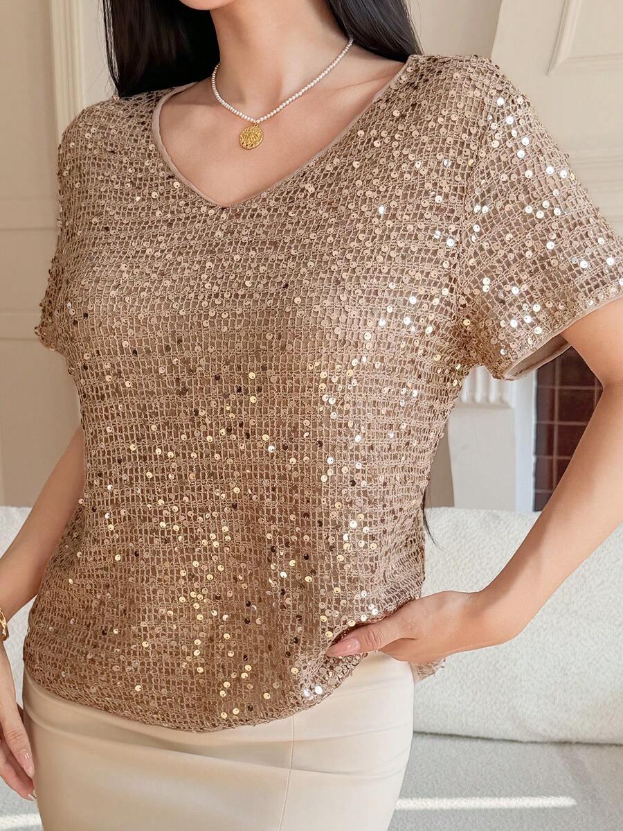 DAZY 女士休闲亮片装饰T恤，夏季 - 卡其色 - 查看 1