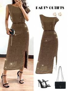 Rafferiza 女士优雅派对不对称肩短袖高开衩连衣裙 - 金色 - 查看 4