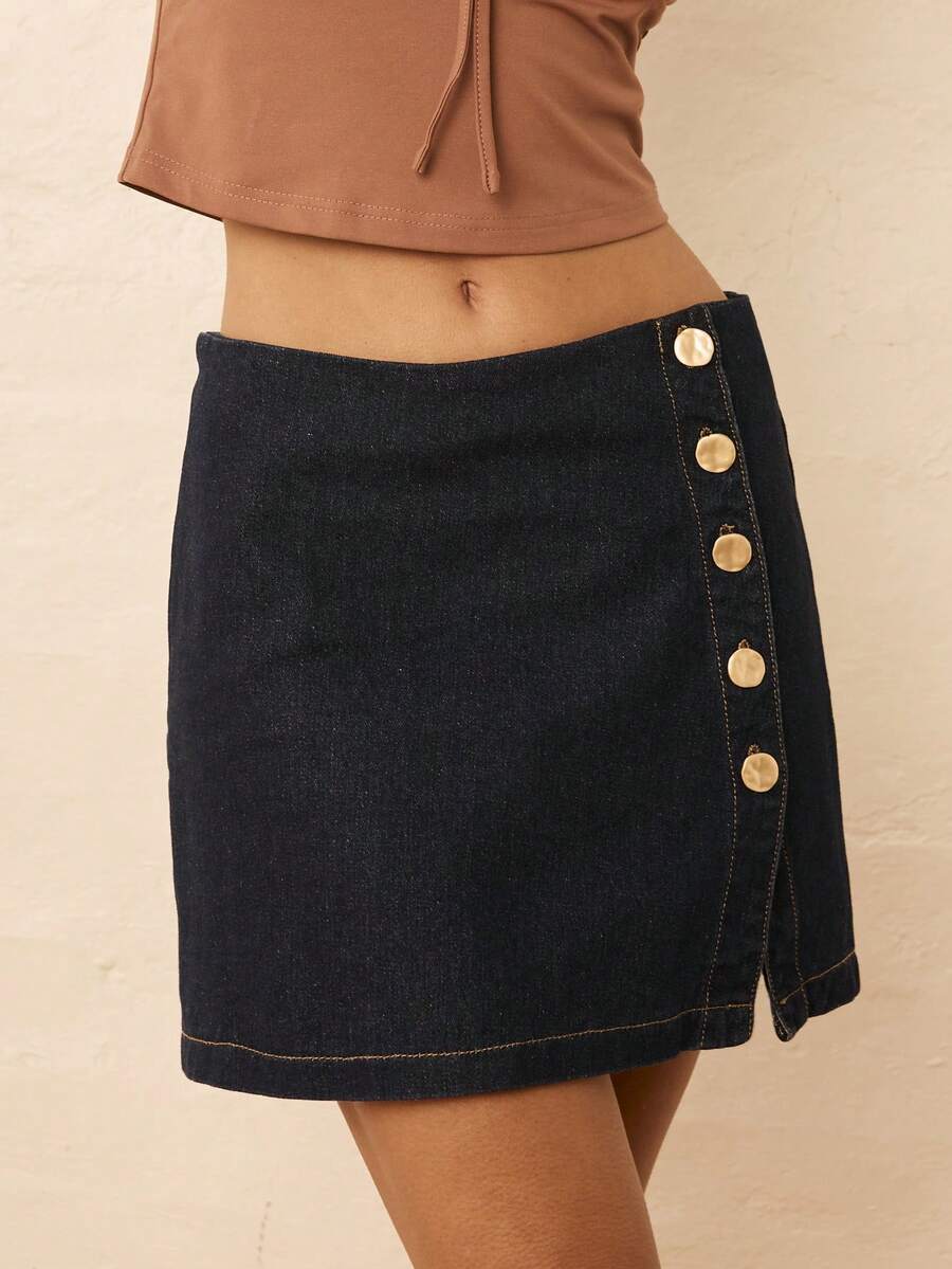 Aralina Women Summer Denim Side Button Mini Skirt Cute Valentines Day Holiday Vacation Outfit Y2K Stockholm Style - Dark Wash - View 1