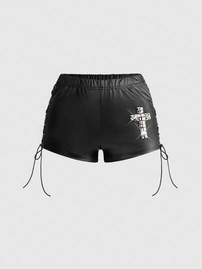 ROMWE Grunge Punk Y2K Black Low Waist PU Leather Rivet Decor Side Lace-Up Sexy Mini Shorts, Suitable For Parties, Gatherings, Music Festivals, Shopping Dates And More