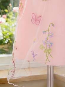 Souflis Souflis French Style New Baby Girl Princess Embroidered Mesh Petal Sleeve Dress, Suitable For Birthday Party, Evening Party, Daily Wear - Pink - View 3