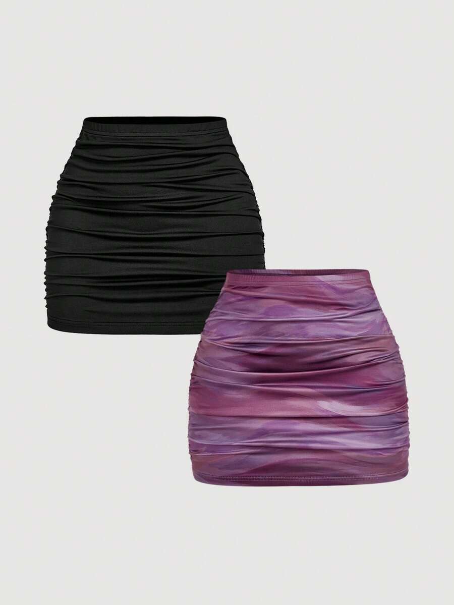 SHEIN MOD Bộ 2 váy ôm sát xếp ly tối giản phong cách thường ngày dành cho nữ. - Nhiều màu - Xem 1