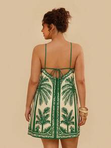 Travachic Plus Size Tropical Blue & White Palm Tree Print Spaghetti Strap Backless Summer Mini Dress - Green - View 2