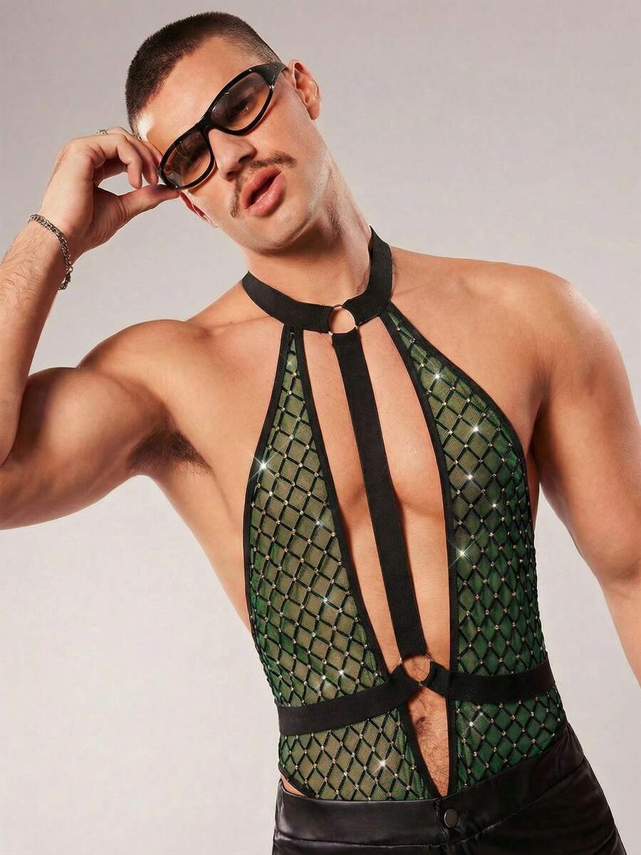 Bộ jumpsuit nam gợi cảm đính đá, lưới kẻ caro, hở lưng, cổ yếm, thích hợp cho mùa hè. - màu xanh lá - Xem 1