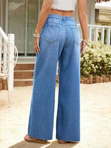 EMERY ROSE 女士休闲日常水洗斜插口袋阔腿牛仔裤 - 藍色 - 查看 2