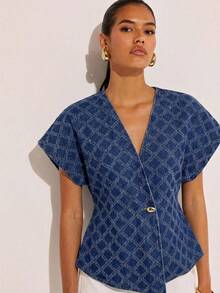 COSMINA Women's Elegant V-Neck Cinched Waist Drop Shoulder Jacquard Denim Blouse, Suitable For Commuting, Office, And Everyday Wear In Early Spring,  Tops For Women,  Ladies Smart Tops,  New Arrivals Tops Women,  Tops To Wear With Jeans Women,  Blouses For Women - Medium Wash - View 3