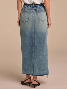 COSMINA Women's Elegant Asymmetrical Hem Frayed Long Denim Skirt, Versatile For Daily Wear, Commute, Office, Valentine's Day Date - Medium Wash - View 7