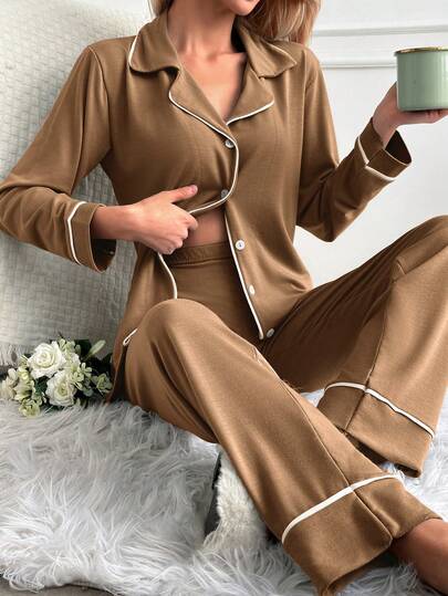 SHEIN Tall TALL SIZE 100%Cotton Women Binding Detail Homewear Pajama Set