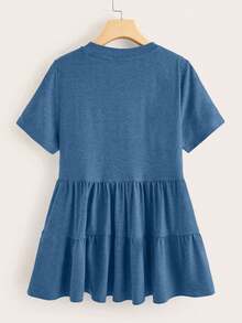 SHEIN LUNE Áo thun nữ cỡ lớn, màu trơn, cổ tròn, tay ngắn, viền bèo nhún, kiểu dáng thường ngày. - Màu xanh lam - Xem 2
