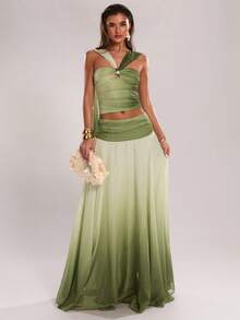 SHEIN BAE Women's Gradient Ruched Waist Skirt, Suitable For Beach Vacation, Gradient Green Skirt, Elegant Skirt - Mint Green - View 5