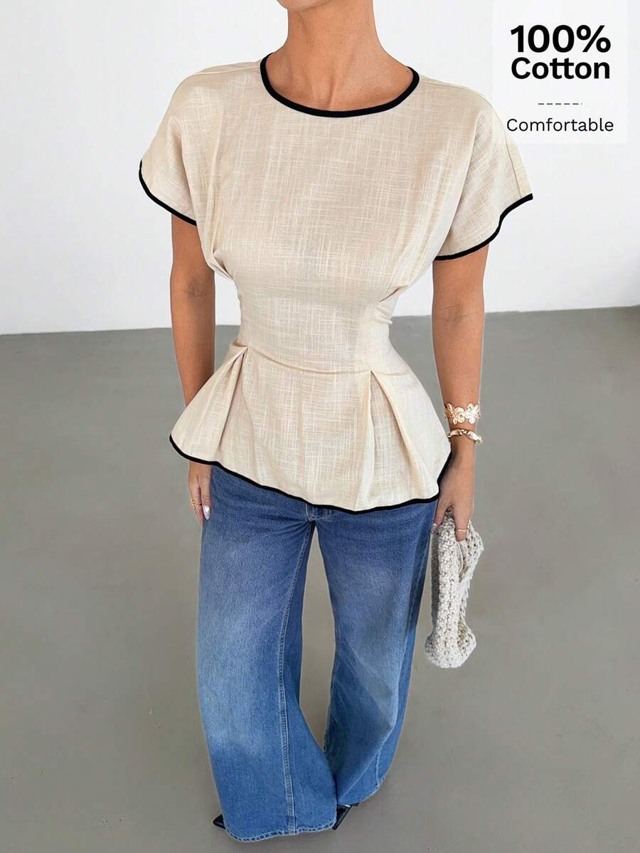 Siren Gaze 女士圆领褶皱时尚百搭通勤短袖衬衫 - 杏色 - 查看 1