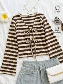 SHEIN LUNE Áo kiểu nữ cotton thường ngày màu nâu/trắng kẻ sọc cổ chữ V tay loe thắt nút phía trước – Áo màu nâu sô cô la mùa xuân/thu, áo thắt nút phía trước màu nâu, trang phục mùa hè đa năng, lễ hội miền Tây, phong cách vintage cô gái đảo, kỳ nghỉ bên bờ biển, không khí lãng mạn của kỳ nghỉ, kỳ nghỉ xuân, du thuyền biển, lễ hội âm nhạc Boho, khách dự đám cưới, chuyến đi thành phố, kỳ nghỉ xuân hè thanh lịch. - Nhiều màu - Xem 3