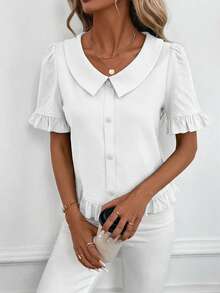 SHEIN Clasi Áo nữ tay ngắn, màu trơn, cài cúc phía trước, kiểu dáng thường ngày, thích hợp mặc đi chơi, trang phục mùa hè cho nữ. - trắng - Xem 3