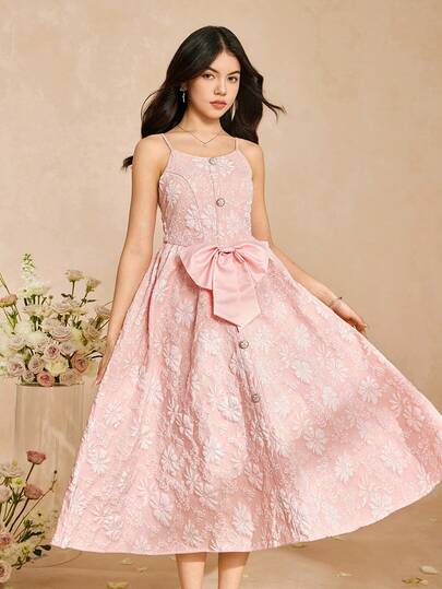 Bridesmaid Jacquard Button Front Midi Dress For Teen Girl, Suitable For Weddings, Birthday Parties, Performances