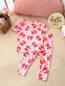 SHEIN Bộ đồ mặc nhà tay ngắn màu hồng dễ thương, kiểu dáng thường ngày cho bé gái, có nơ trang trí. - Hồng - Xem 4