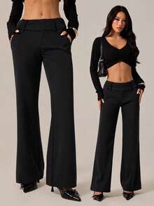 SHEIN PETITE 女士时尚休闲复古口袋喇叭裤，复古风，商务休闲女装，外出穿搭，返校季，巧克力色喇叭裤，休闲裤，复古裤，秋季 - 黑色 - 查看 5