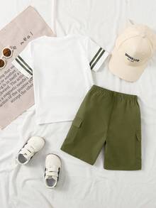 SHEIN Streecool Kids Toddler Boys' Letter 94 Print T-Shirt & Khaki Cargo Shorts 2pcs Set, Vintage Casual Outfit - Army Green - View 2