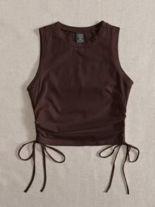SHEIN EZwear Atasan Wanita Polos Leher Bulat Kasual Serbaguna untuk Pemakaian Sehari-hari, Atasan Musim Panas - Chocolate Brown - View 3