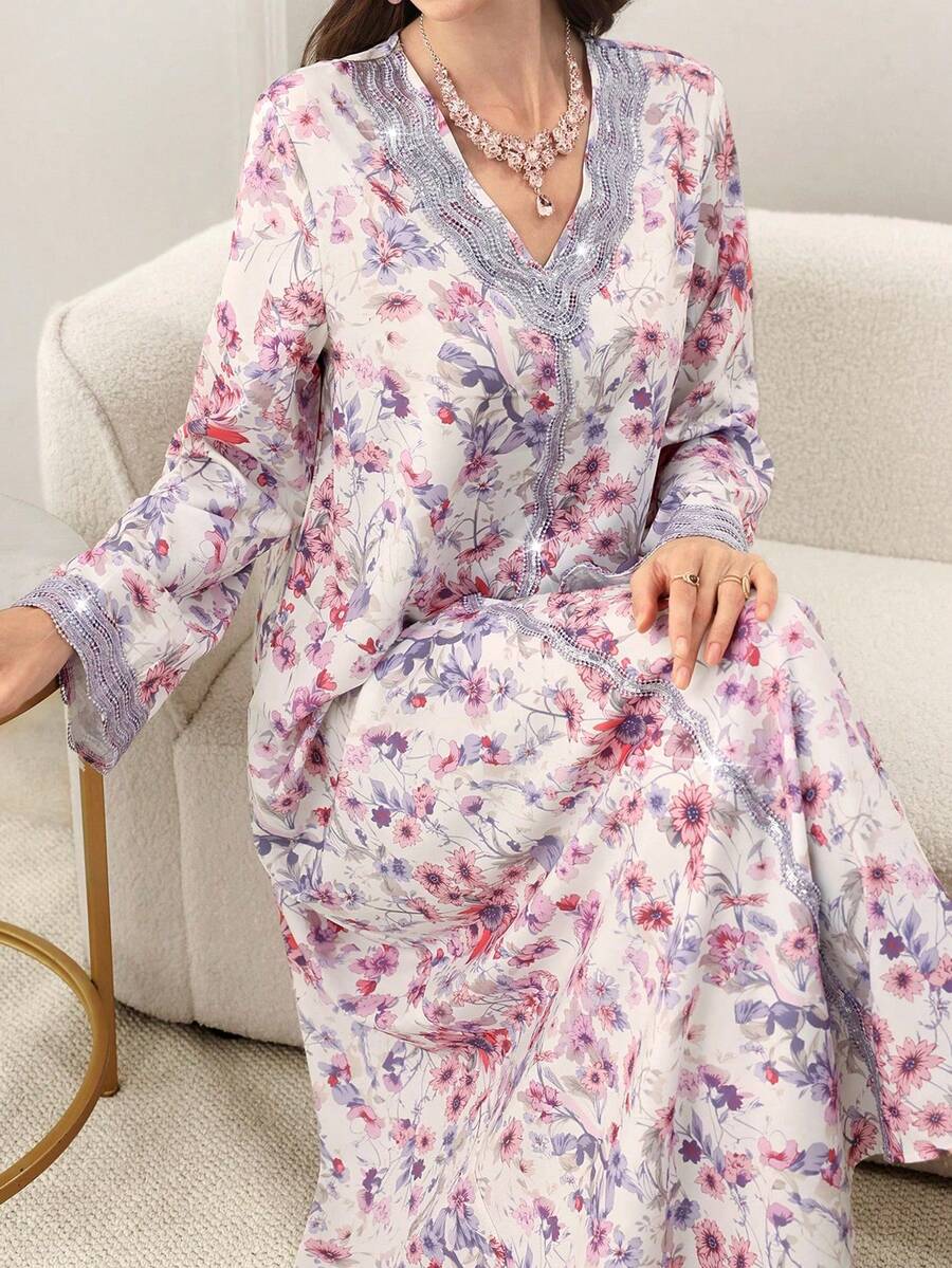 Al Najma 浪漫印花优雅长款宽松休闲阿拉伯风格女式连衣裙 - 紫色 - 查看 1