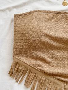 Soleia 女士度假两件套：纹理针织流苏抹胸上衣 + 纹理针织流苏迷你裙，休闲装扮，适合度假、约会、下午茶、海滩、邮轮、城市旅行、音乐节、派对、波西米亚风、嬉皮风、西部风、日常通勤等场合。 - 卡其色 - 查看 3