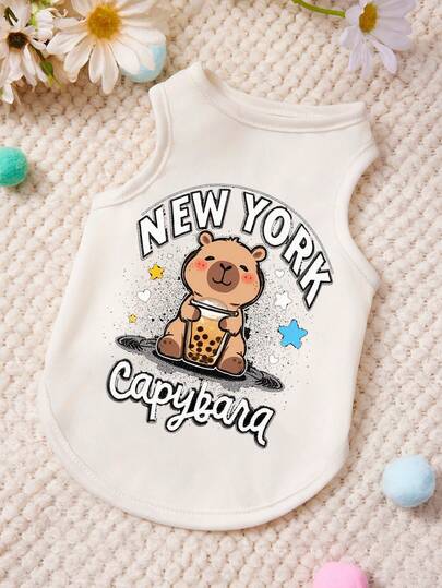 PETSIN 1 pieza Camiseta de tirantes para mascotas con estampado de letra de té con leche Kabibala linda, en color beige, amigable con la piel y transpirable