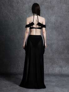 Glisette 女士夏季沙滩纯色吊带性感比基尼套装，带罩裙 - 黑色 - 查看 7