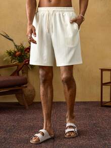 ROMWE MEN Men's Casual Solid Color Textured Shorts, Summer - Khaki - View 2