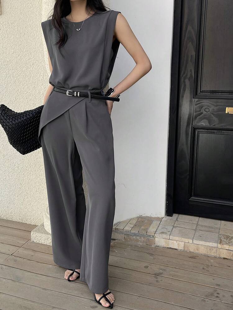 Women's Solid Color Round Neck Tank Top And Pocket Casual Pants 2 Pieces Set Summer