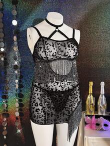 MidnightGlam Plus Size Luxurious Lace Flocked Patchwork Fringe Trim Wireless Lingerie Dress With G-String 2pcs Set - Black - View 6