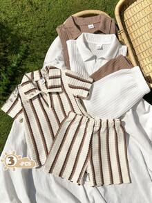 Vintaside Kids 幼儿男童时尚休闲 Polo 领条纹纯色多件套服装，适合外出、度假、休闲活动 - 杏色 - 查看 3