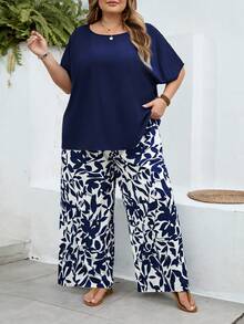 SHEIN CURVE+ Curve Size US22Music Festival, Seaside Vacation, Bohemia2pcs Women Vacation Loose Shirt And Ditsy Floral Pants Set Pants Set Summer Outfit, Summer Tops - Navy Blue - View 5