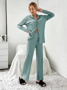 EURMUSE Plus 100%Cotton Shirt Style Buttoned Striped Dark Green 2 Pieces Pajama Set - Mint Green - View 4