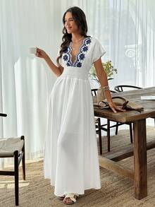 Louniche Women's Shirred Embroidered Waist Tie Side Slit Casual Vacation Dress, Spring/Summer - Blue and White - View 3