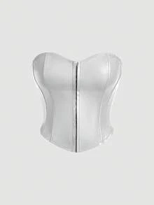 SHEIN MOD Plus Size Women Red Date Night Fishbone Tight Corset Solid PU Leather Tube Top - Silver - View 5