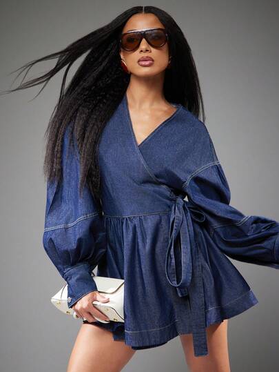 NYA SZN Women's V-Neck Knotted Waist Ruched Casual Everyday Vacation Denim Dress