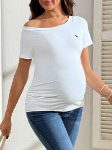 SHEIN 夏季孕妇休闲不对称领T恤 - 白色 - 查看 5