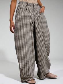 COUREZ Unisex Women Men Low Rise Baggy Barrell Fit Check Trousers Cotton - Coffee Brown - View 5