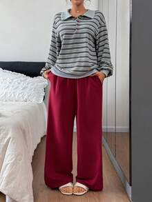 DAZY Striped Loose Lapel Top & Solid Red Pajama Pants Women Sleepwear Set - Grey - View 3