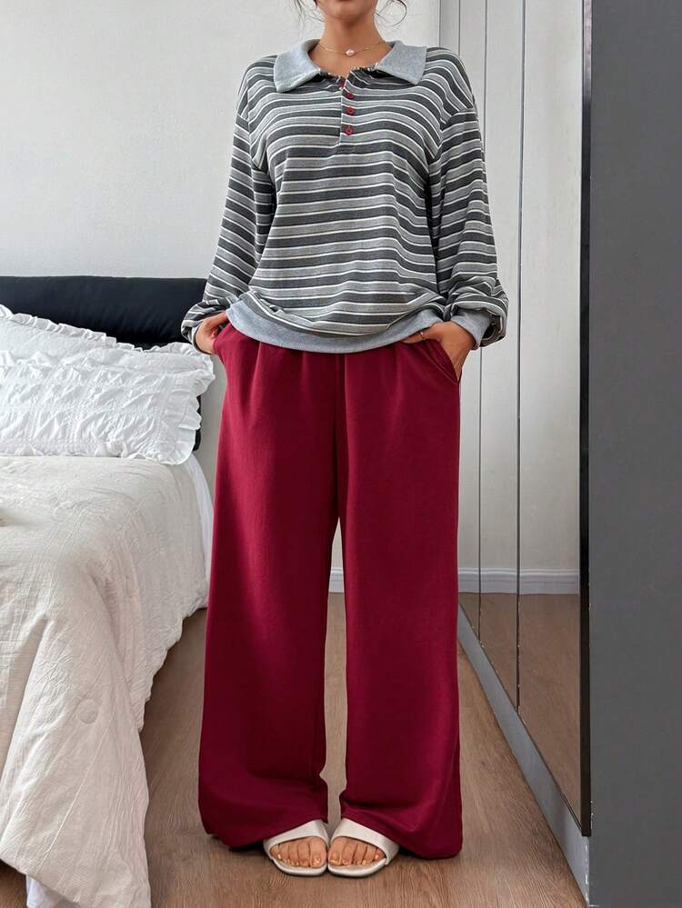 Striped Loose Lapel Top & Solid Red Pajama Pants Women Sleepwear Set
