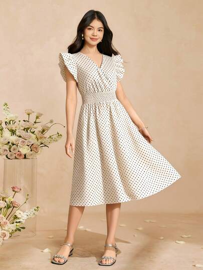 SHEIN Teen Girl Apricot Polka Dot Shirred Dress, Woven Digital Printed Fabric, Mid-Waist Gathered Design, Comfortable And Fashionable, Elegant Dress For Girls In Spring And Summer