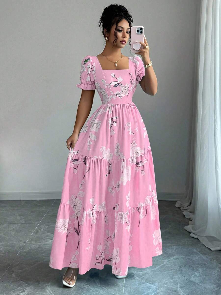 Elenzga 新款女士方领印花泡泡袖露背A字休闲度假日常优雅连衣裙 - 粉色 - 查看 1