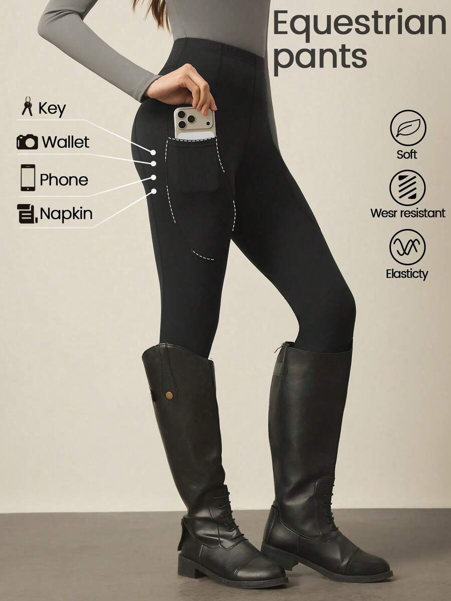 With My Calm Pantalones elásticos de montar para mujer "With My Calm" - Mallas ajustadas de entrenamiento largas con bolsillos laterales - Negro - Ver 1