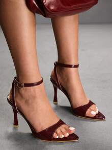 CUCCOO SZL Women's Buckle Design Fashion Daily Wear High Heel Sandals Prom Heels Summer Shoes - Burgundy - View 4