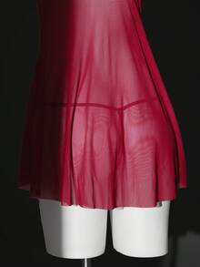 两件套：经典3D刺绣酒红色花卉薄纱吊带睡裙，配有可调节肩带和配套丁字裤，性感 - 酒紅色 - 查看 11