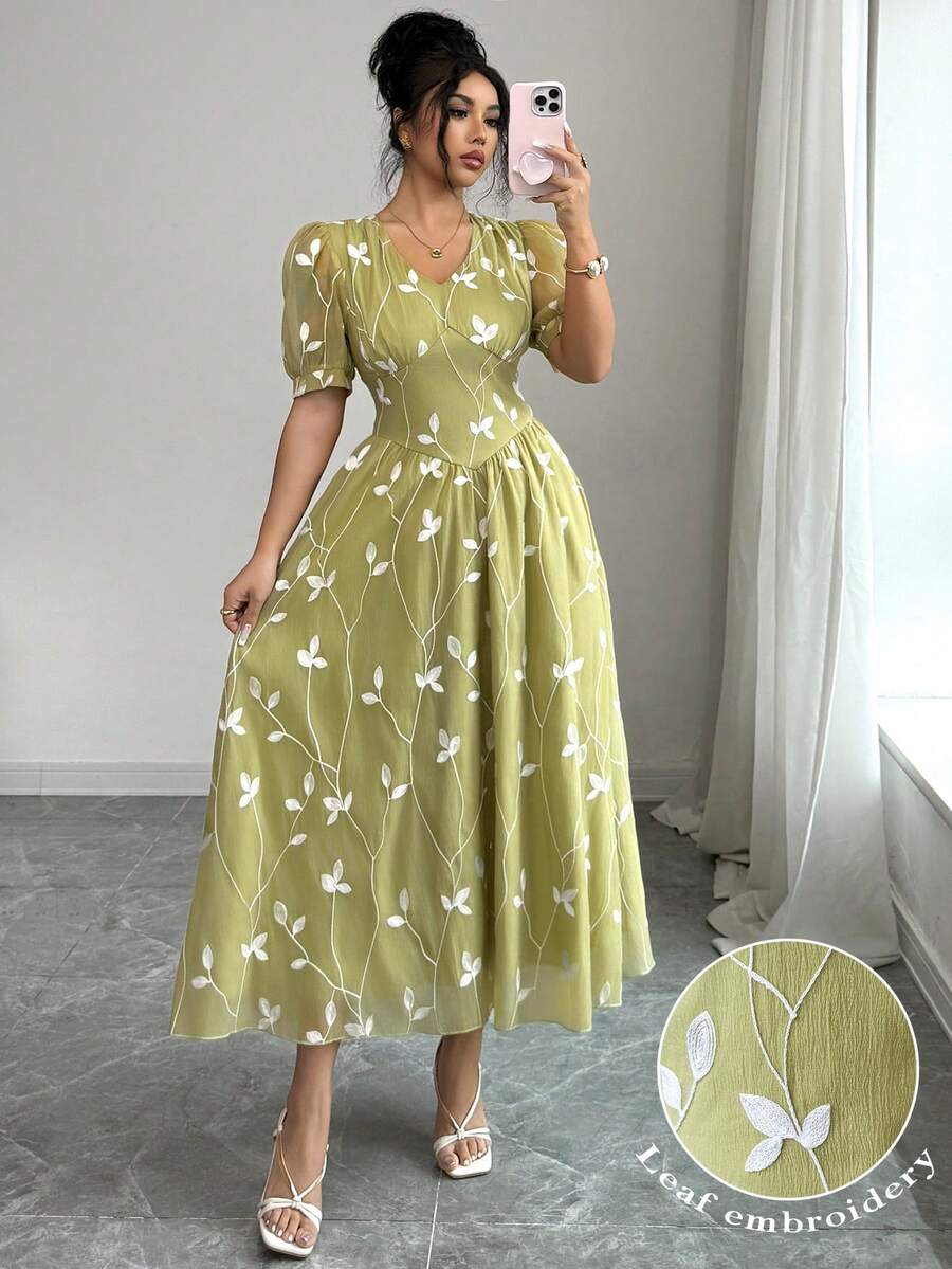 Modelyn 女士优雅刺绣叶子V领短花瓣袖中长连衣裙，春夏款 - 綠色 - 查看 1